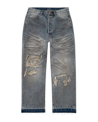 Bravest Studios Dirty Star Denim blue, dirty-wash denim with shredded knees and a let-down indigo hem, front view