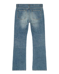 Bravest Studios Flare Denim Pants blue, back view showing the patch pockets and faded seat
