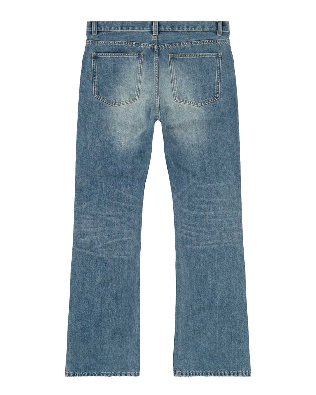 Bravest Studios Flare Denim Pants blue, back view showing the patch pockets and faded seat