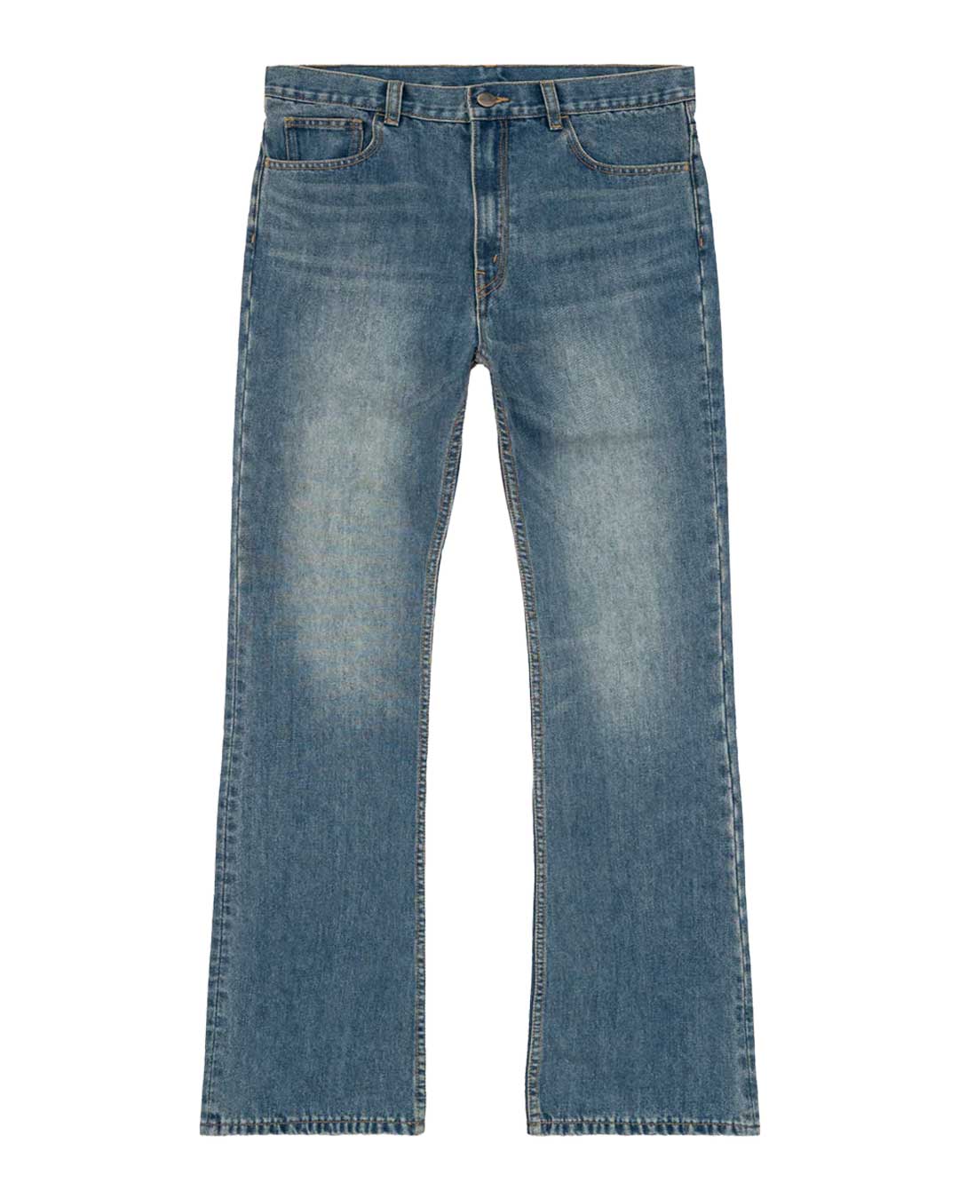 Bravest Studios Flare Denim Pants blue, stonewashed five-pocket denim with whiskering through the thigh, front view