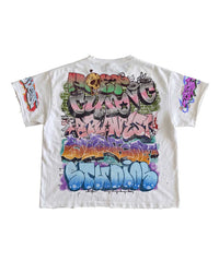 Bravest Studios Graf Tee white, back view showing graffiti skull, spray can and blue Studios bubble lettering