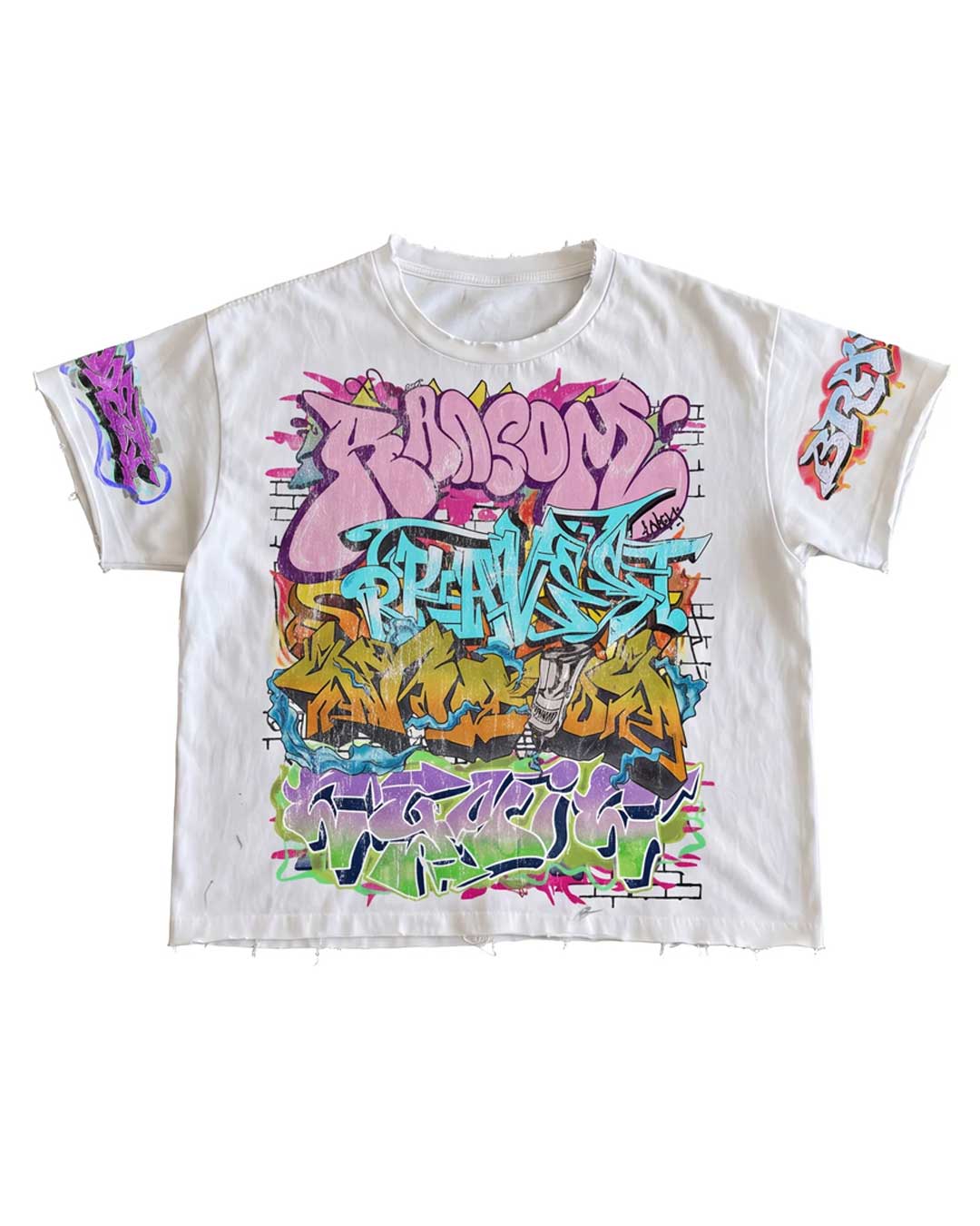 Bravest Studios Graf Tee white, boxy cotton tee with multicolor graffiti lettering across the chest, front view