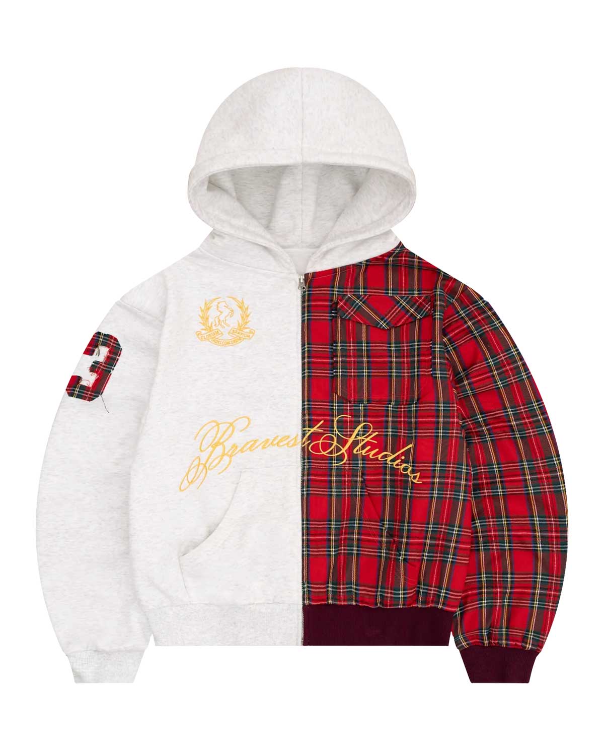 Bravest Studios Half Plaid Zip Up Hoodie Grey