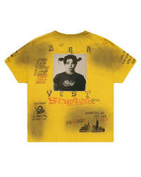Bravest Studios Heirloom Tee Yellow, back view with a portrait panel, Live Laugh Love and Studios script