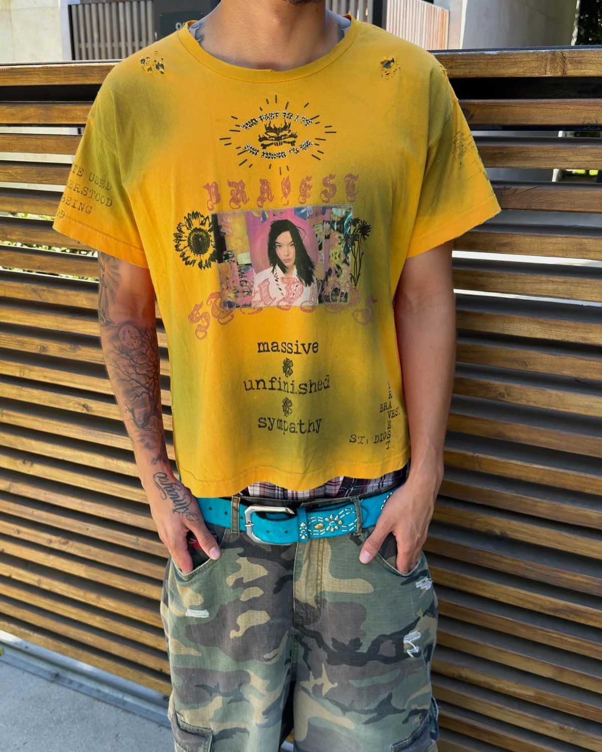 Bravest Studios Heirloom Tee Yellow, worn by a model, front view