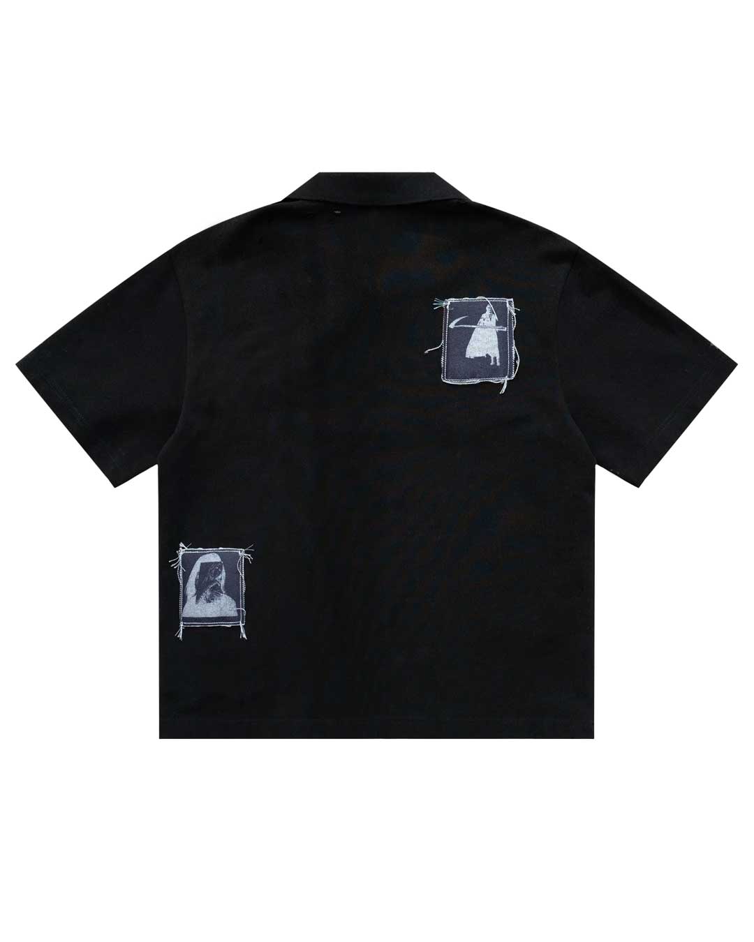 Bravest Studios Patch Polo black, back view showing two stitched-on photo patches