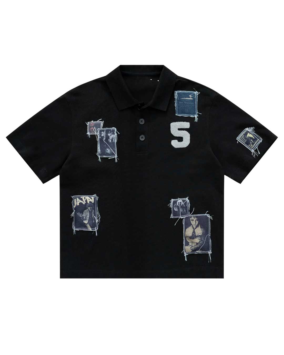 Bravest Studios Patch Polo black, piqué polo covered in raw-edged photo patches with a chenille 5 on the chest, front view