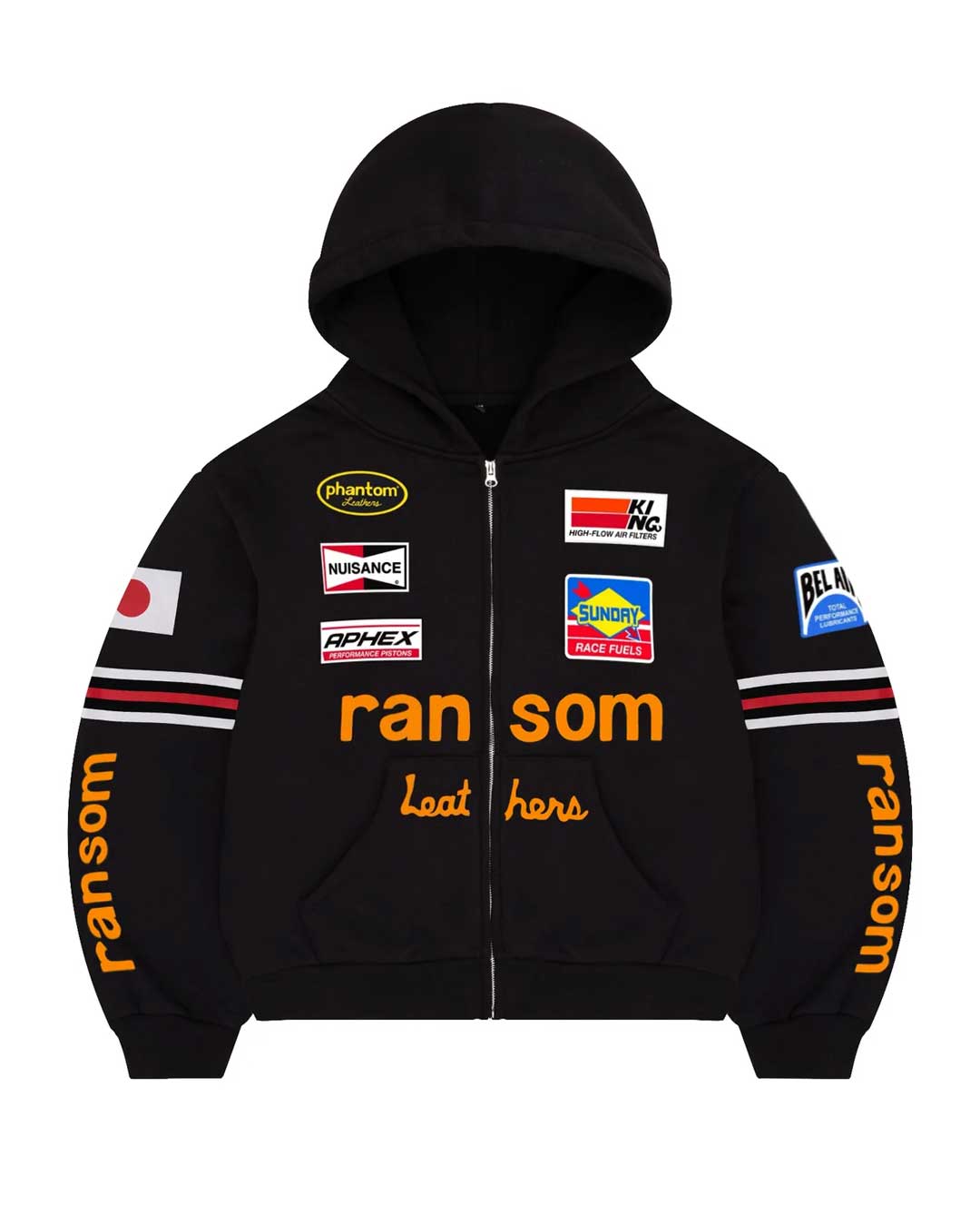 Bravest Studios Ransom Zip Up Hoodie black, moto-racing zip hoodie with embroidered sponsor patches and orange ransom lettering, front view