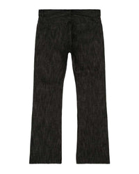 Bravest Studios Raw Flare Denim black, back view showing the patch pockets and raw unhemmed openings