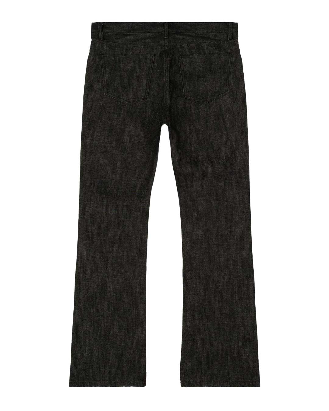 Bravest Studios Raw Flare Denim black, back view showing the patch pockets and raw unhemmed openings