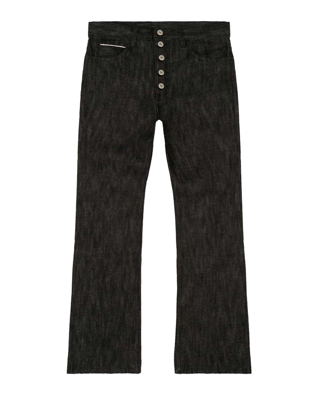 Bravest Studios Raw Flare Denim black, rigid raw black denim flares with an exposed five-button fly, front view
