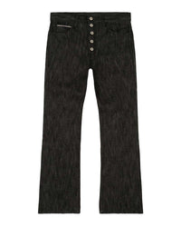 Bravest Studios Raw Flare Denim black, rigid raw black denim flares with an exposed five-button fly, front view