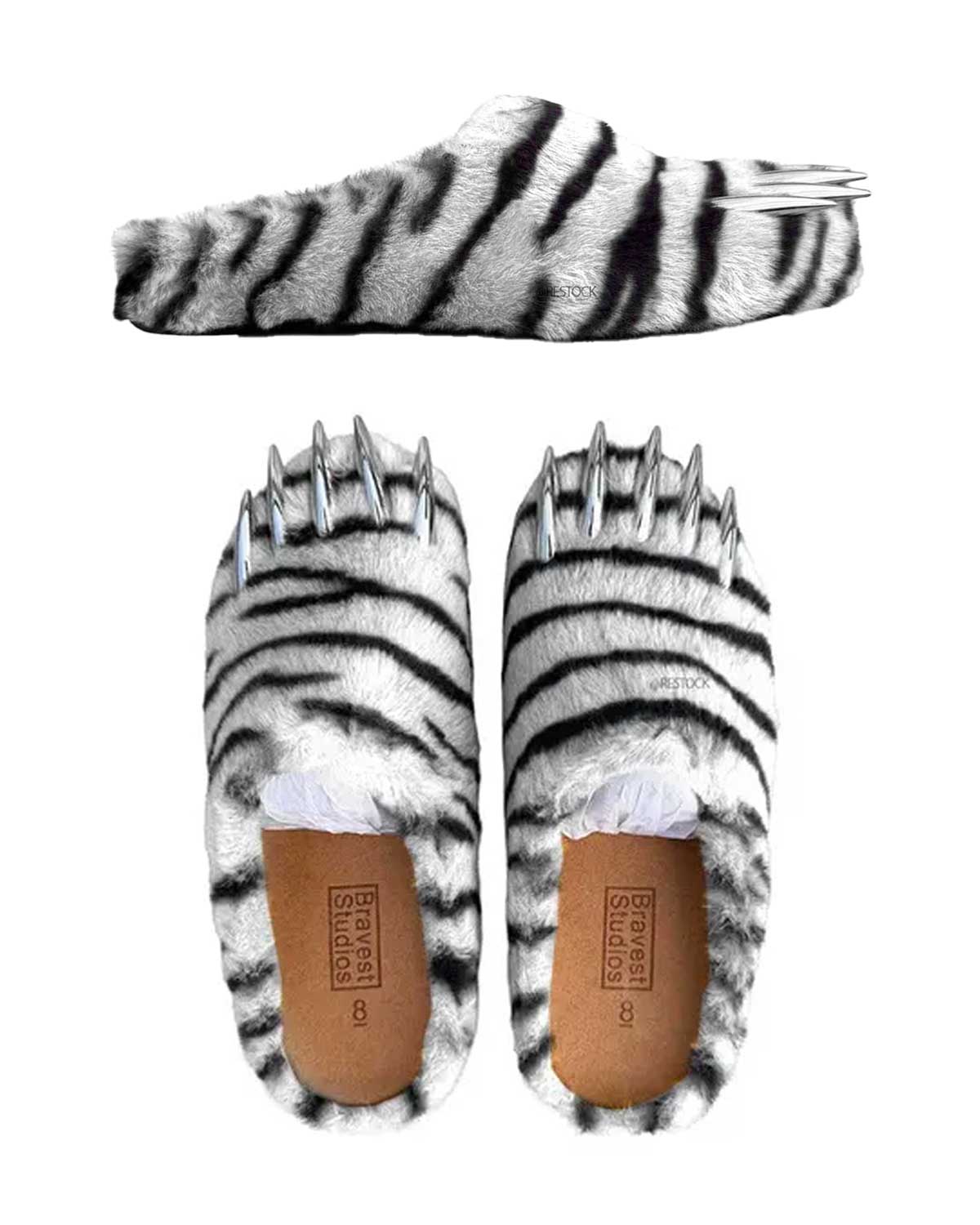 Bravest Studios Tiger Bear Claw Mule white with black tiger stripes and chrome claws, top overview