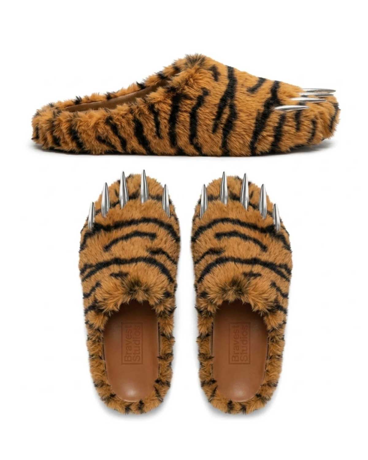 Bravest x Glo Gang Tiger Bear Claw Mule orange with black stripes and chrome claws, pair