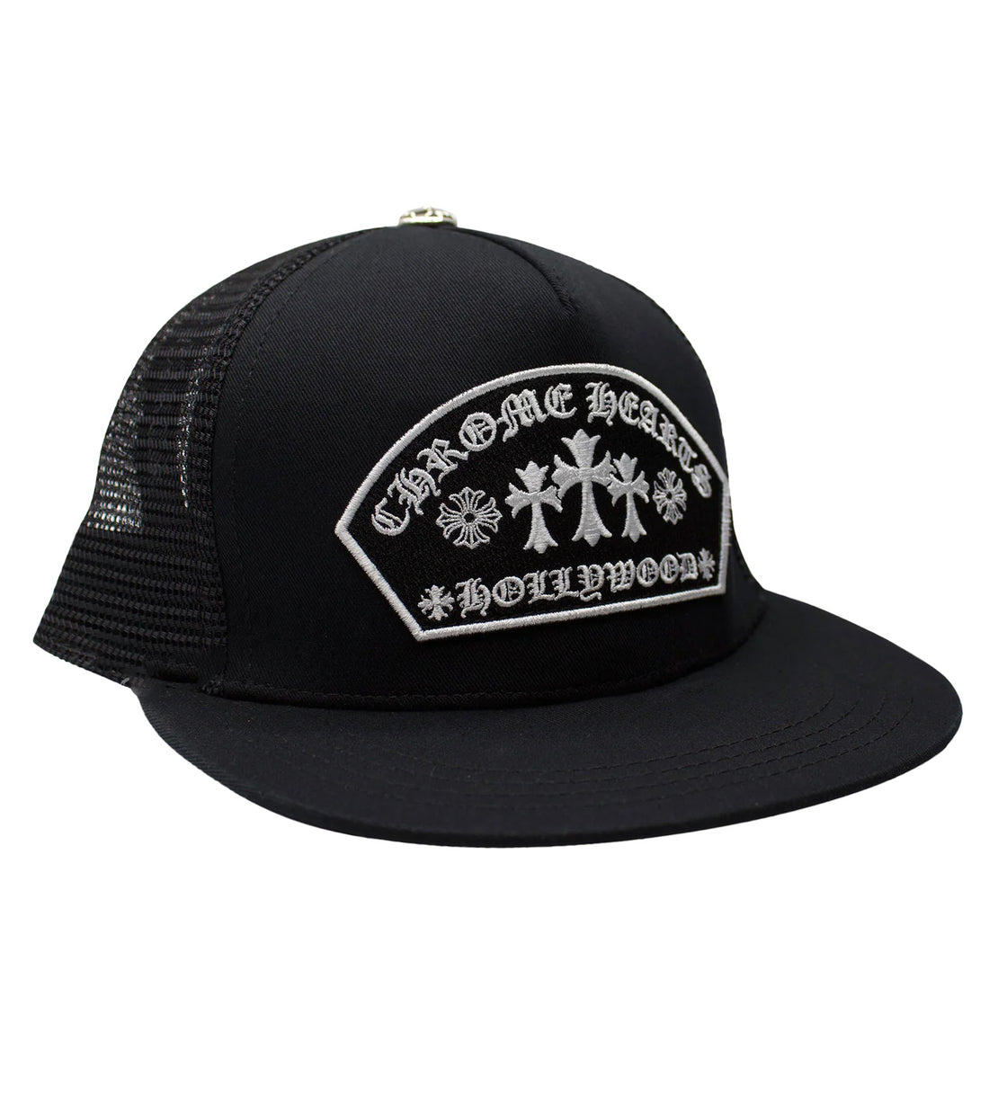 Chrome Hearts Black Hollywood Trucker Cap Front View Angel