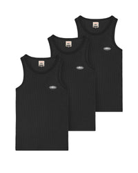 Corteiz HMP Classic Tank Top black, all three tanks from the pack stacked and fanned out