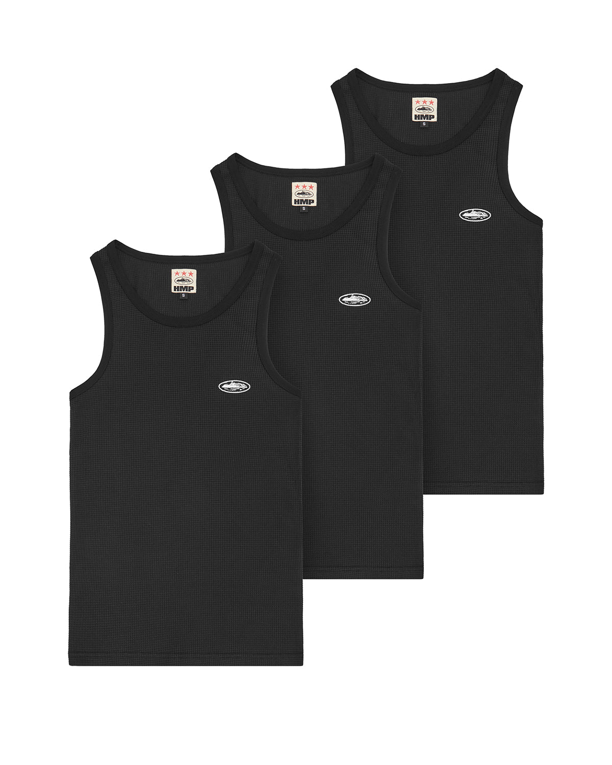 Corteiz HMP Classic Tank Top black, all three tanks from the pack stacked and fanned out