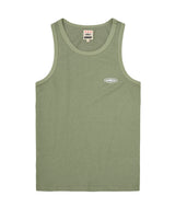 Corteiz HMP Classic Tank Top olive, waffle-knit scoop-neck tank with embroidered white Alcatraz Island oval at the chest, front view