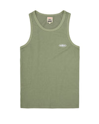 Corteiz HMP Classic Tank Top olive, waffle-knit scoop-neck tank with embroidered white Alcatraz Island oval at the chest, front view
