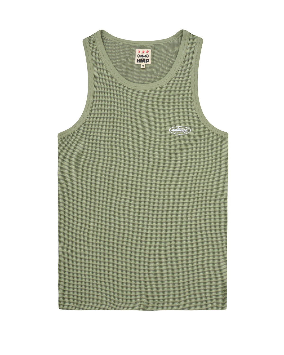Corteiz HMP Classic Tank Top olive, waffle-knit scoop-neck tank with embroidered white Alcatraz Island oval at the chest, front view