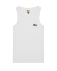 Corteiz HMP Classic Tank Top white, waffle-knit scoop-neck tank with embroidered black Alcatraz Island oval at the chest, front view