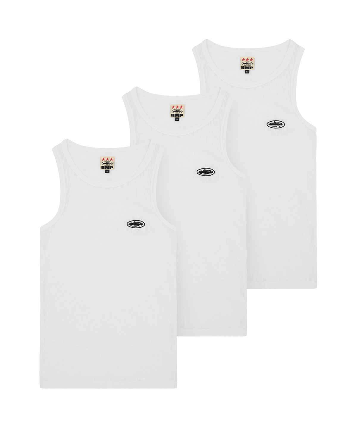 Corteiz HMP Classic Tank Top white, three tanks stacked and fanned out