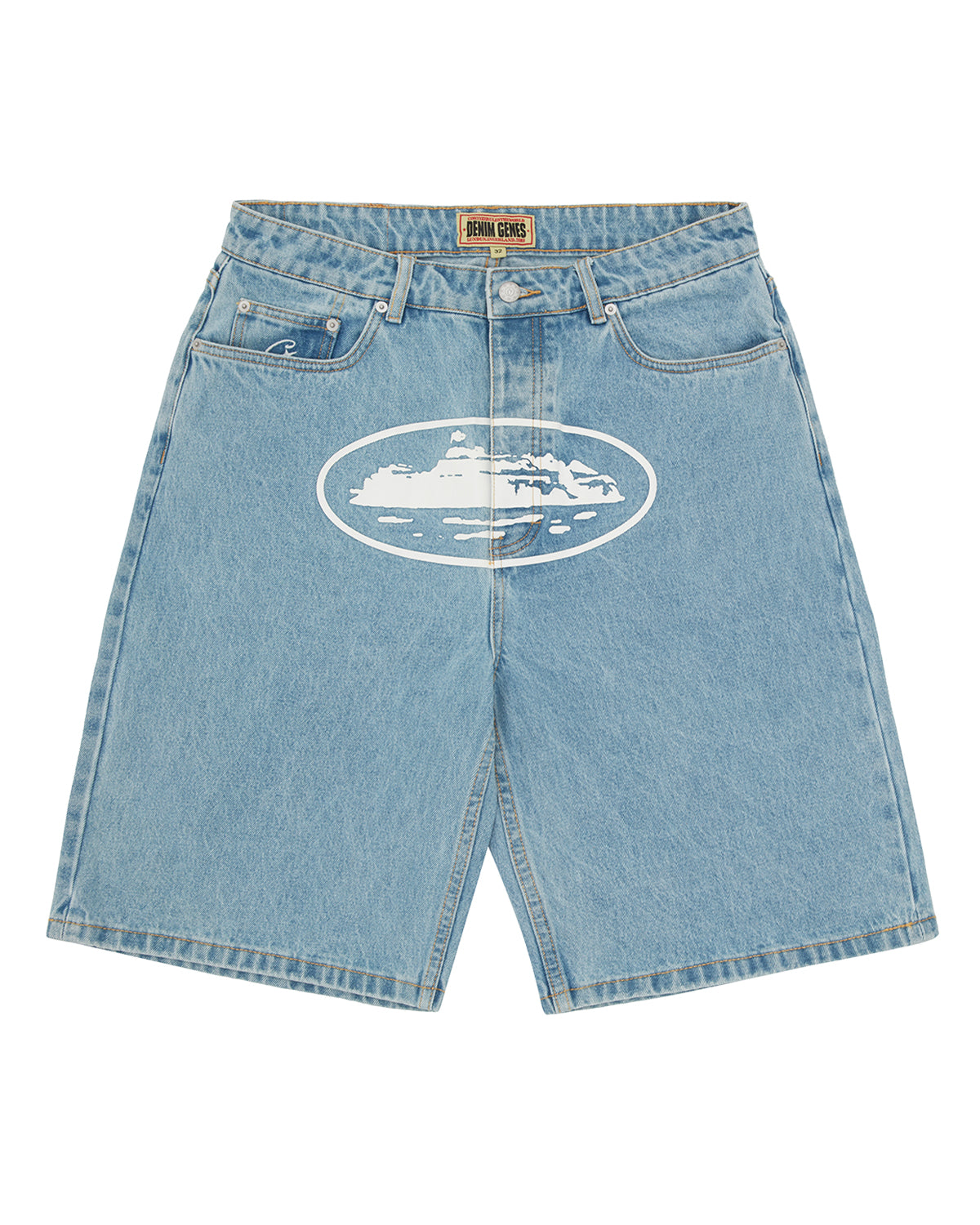 Corteiz Island Denim Short stonewash, baggy light blue five-pocket denim shorts with white Alcatraz Island oval print on the front leg, front view