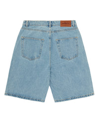 Corteiz Island Denim Short stonewash, back view showing two patch pockets and the leather Alcatraz island waistband patch