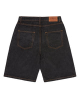 Corteiz Island Denim Short washed black, back view showing two patch pockets and the leather Alcatraz island waistband patch
