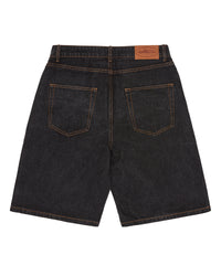 Corteiz Island Denim Short washed black, back view showing two patch pockets and the leather Alcatraz island waistband patch