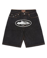 Corteiz Island Denim Short washed black, baggy five-pocket denim shorts with white Alcatraz Island oval print on the front leg, front view