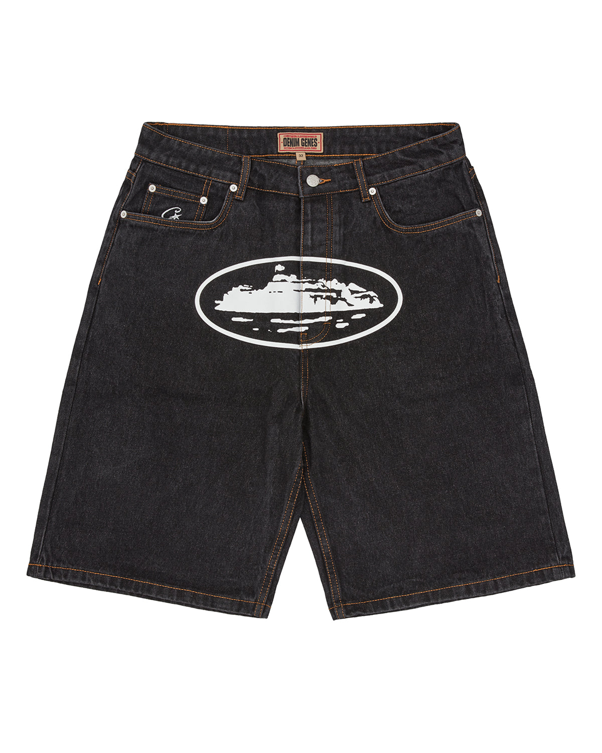 Corteiz Island Denim Short washed black, baggy five-pocket denim shorts with white Alcatraz Island oval print on the front leg, front view