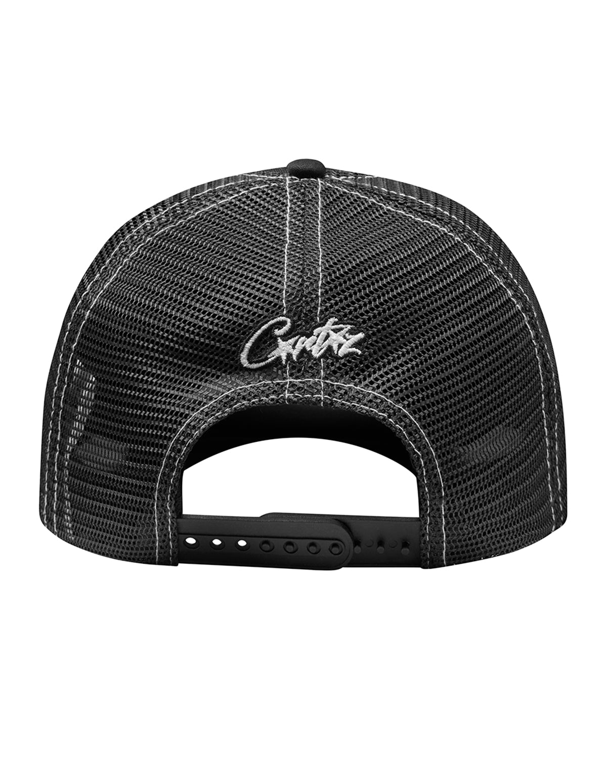 Corteiz Island Outline Trucker Hat black, back view showing the black mesh panels, Corteiz script embroidery and snapback closure