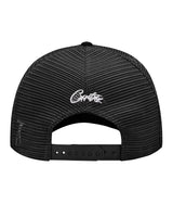 Corteiz Island Puff Print Trucker Hat black, back view showing black mesh panels, white Corteiz script embroidery and snapback closure