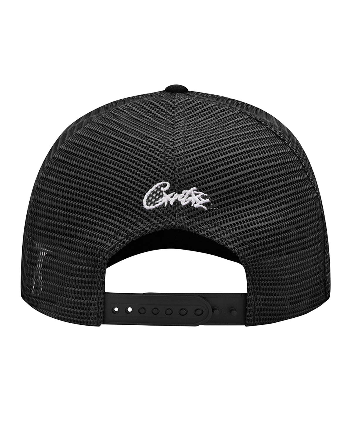 Corteiz Island Puff Print Trucker Hat black, back view showing black mesh panels, white Corteiz script embroidery and snapback closure