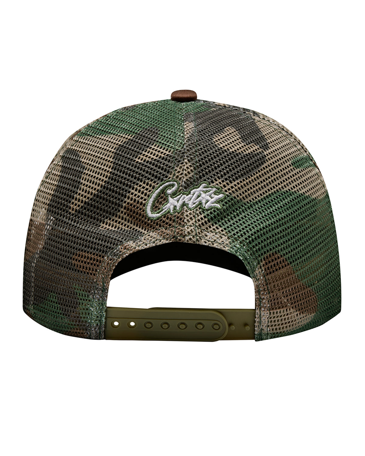 Corteiz Island Puff Print Trucker Hat woodland camo, back view showing camo mesh panels, white Corteiz script embroidery and snapback closure