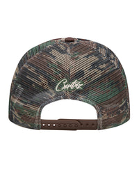 Corteiz Island Puff Print Trucker Hat digi camo, back view showing camo mesh panels, white Corteiz script embroidery and snapback closure
