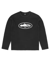Corteiz Island Waffle Thermal black, waffle-knit long-sleeve crewneck with white Alcatraz Island oval graphic on the chest, front view