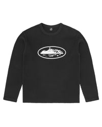 Corteiz Island Waffle Thermal black, waffle-knit long-sleeve crewneck with white Alcatraz Island oval graphic on the chest, front view