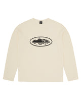 Corteiz Island Waffle Thermal cream, waffle-knit long-sleeve crewneck with black Alcatraz Island oval graphic on the chest, front view