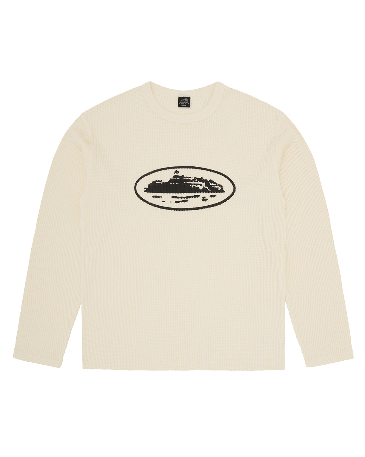 Corteiz Island Waffle Thermal cream, waffle-knit long-sleeve crewneck with black Alcatraz Island oval graphic on the chest, front view