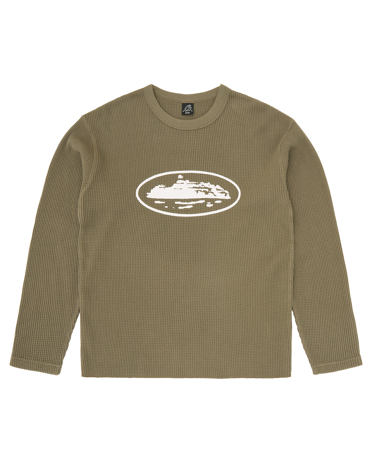 Corteiz Island Waffle Thermal olive, waffle-knit long-sleeve crewneck with white Alcatraz Island oval graphic on the chest, front view