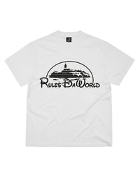 Corteiz Kingdom Tee white, cotton tee with the black Rules Da World script and Alcatraz Island skyline graphic across the chest, front view