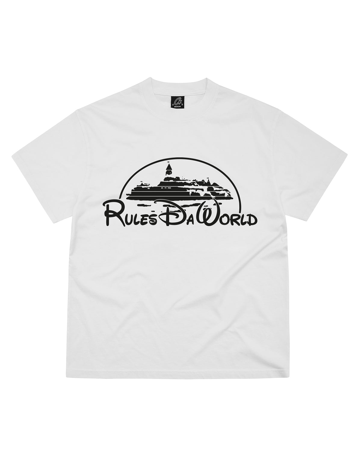 Corteiz Kingdom Tee white, cotton tee with the black Rules Da World script and Alcatraz Island skyline graphic across the chest, front view