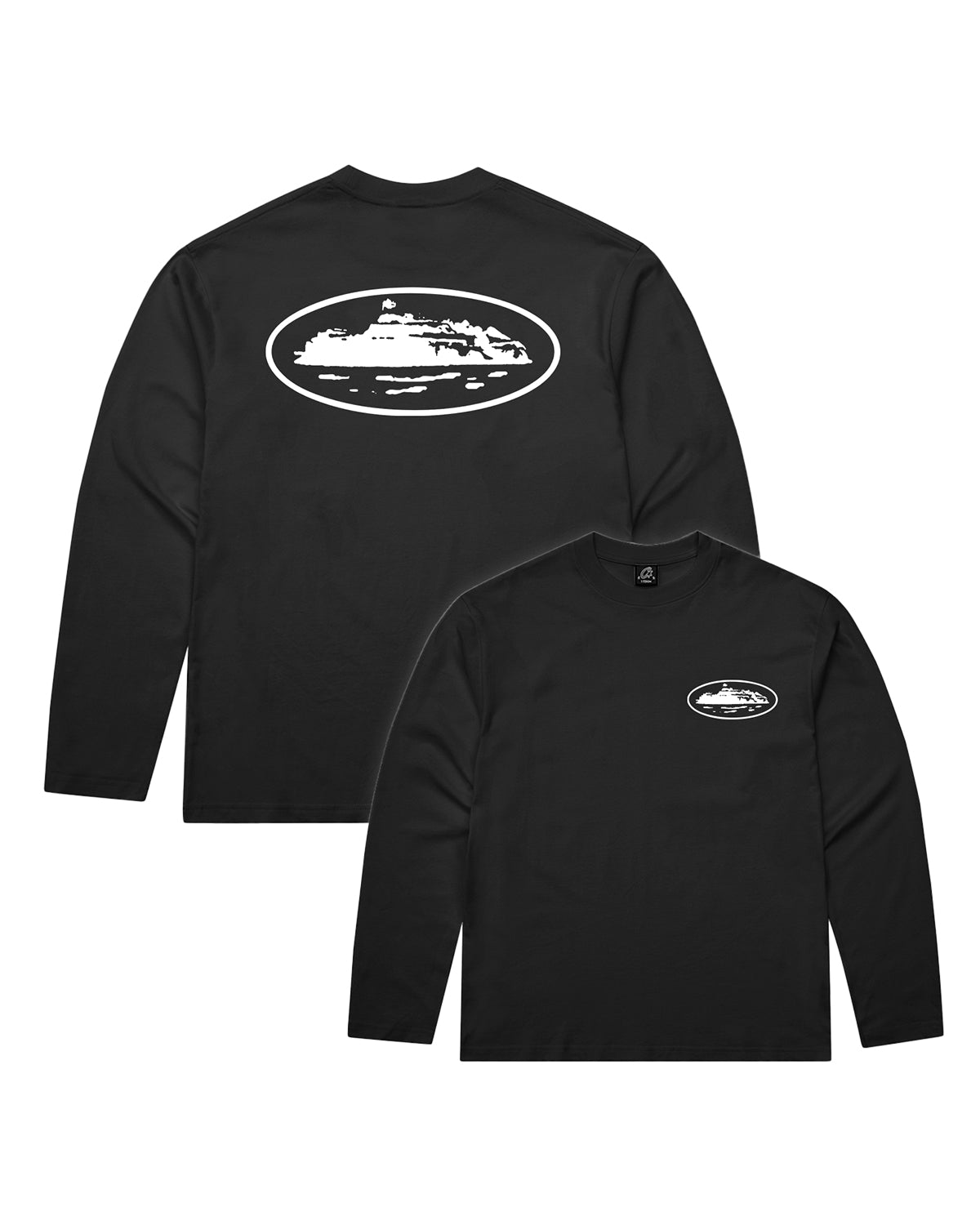 Corteiz OG Island LS Tee black, cotton long sleeve shown flat with the large white Alcatraz Island oval on the back and a small island hit on the left chest