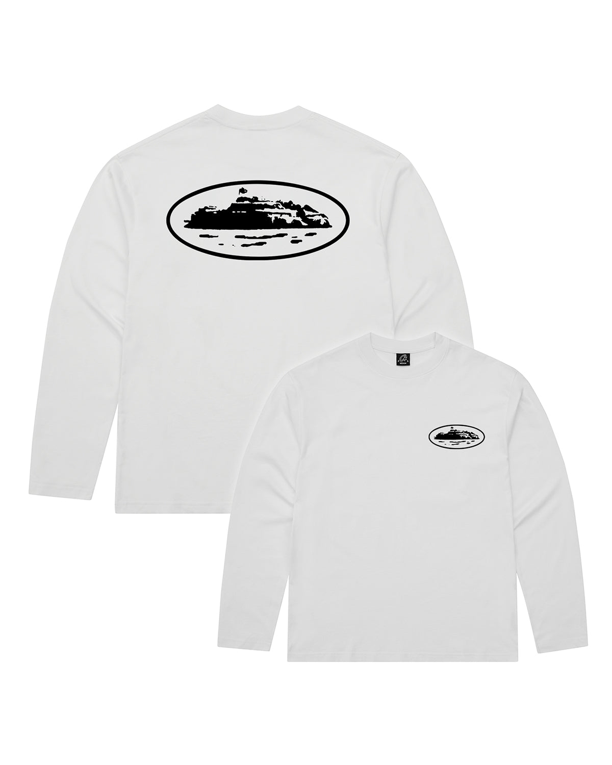 Corteiz OG Island LS Tee white, cotton long sleeve shown flat with the large black Alcatraz Island oval on the back and a small island hit on the left chest