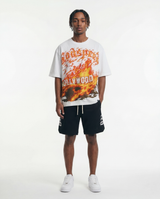 Godspeed Hollywood Inferno II NG white, model wearing the tee, on-model front view
