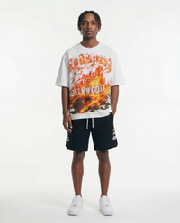 Godspeed Hollywood Inferno II NG white, model wearing the tee, on-model front view