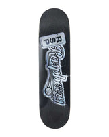 GV Gallery Ballers Skateboard black, black skateboard deck with a chrome Raspberry script logo and basketball graphic, top view