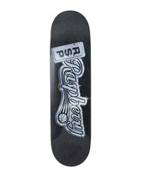 GV Gallery Ballers Skateboard black, black skateboard deck with a chrome Raspberry script logo and basketball graphic, top view